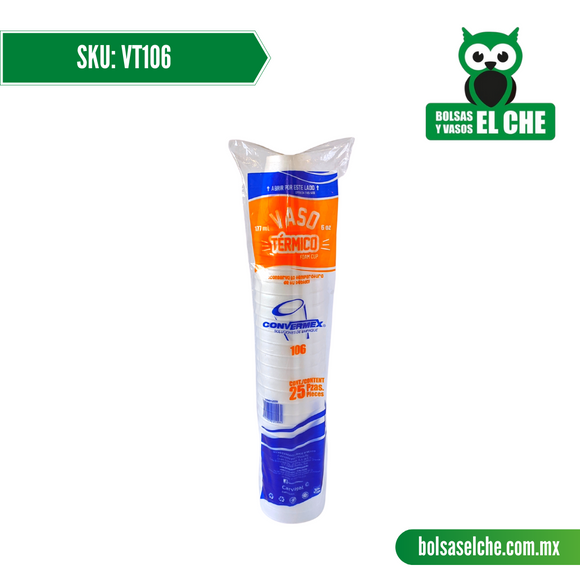 COD: VT106 - VASO TERMICO LISO COLOR BLANCO No. 106 - CONVERMEX - PAQUETE: 25 PZAS